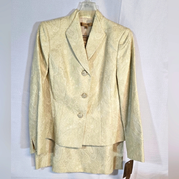 Kasper 2pc 14 Vtg Antique Gold Blazer & Pencil Skirt Suit Paisley Metallic